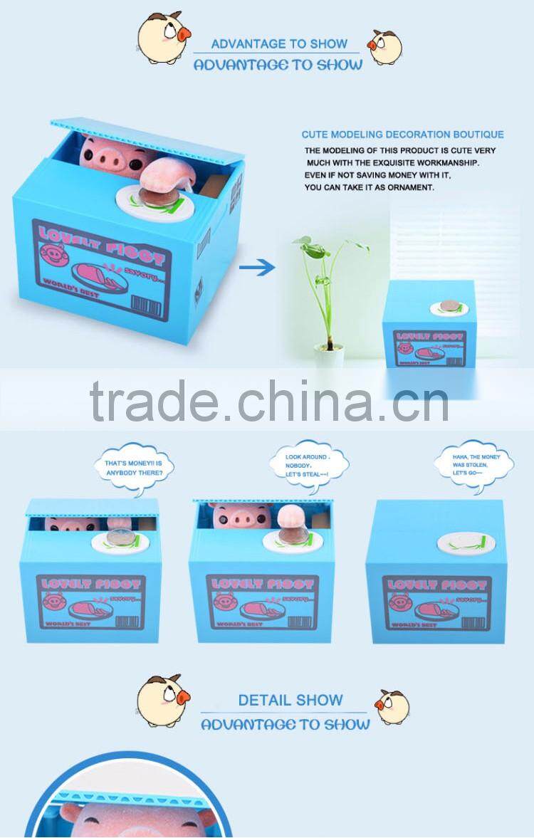 funny stealing pig in the piggy bank