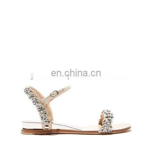Ladies flat shoes ankle strap golden color rhinestones design women sandals