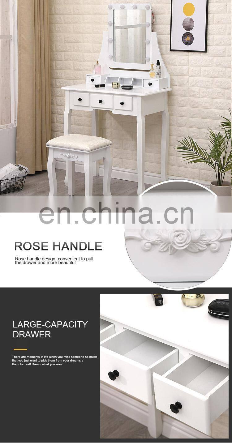 Wholesale Modern White Wooden Cupboard Dressing Table With Mirror And Stool For Bedroom