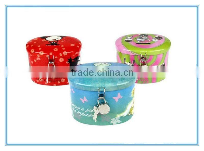 Cute metal money tin box with lock and key