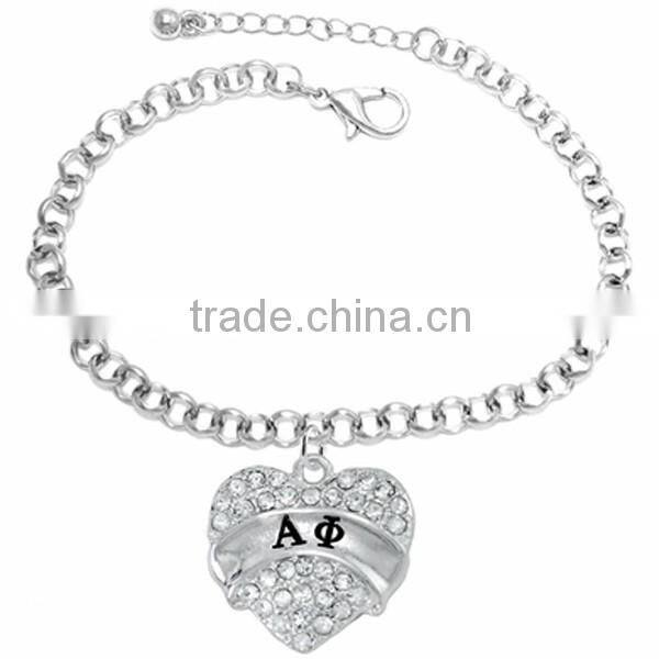 Genuine Austrian Clear Crystal "Alpha Phi" Greek Sorority Heart Charm Chain Link Bracelet