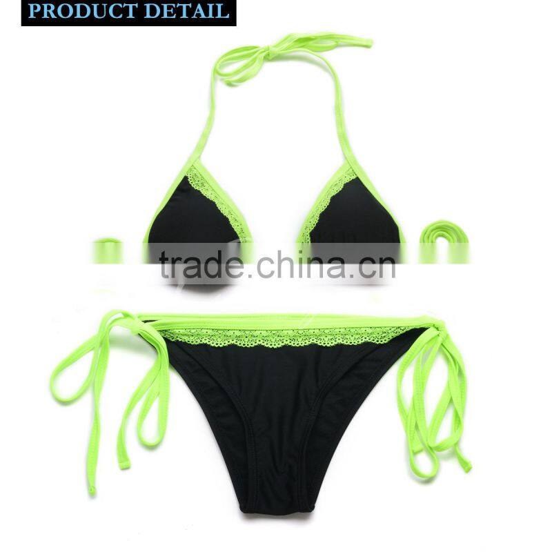 Colloyes New Sexy Bikini Swimwear 2016 Triangle Top Black + Green Lace with Classic Cut Bottom