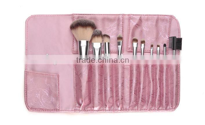 black/silver 10 piece fiber hair makeup brush set with pink pouch