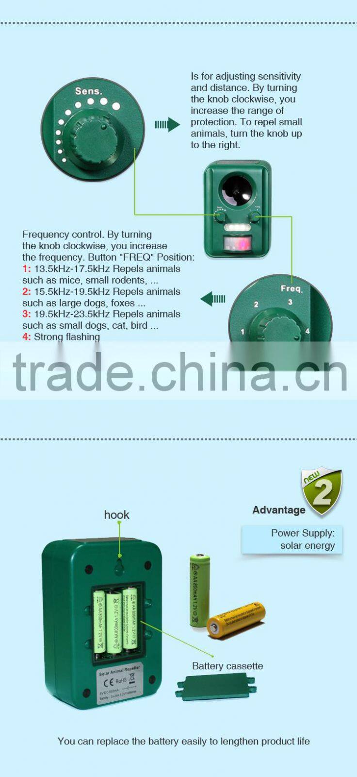 AOSION wateproof solar multifunction pest repeller with ultrasonic and flashing strobe lights