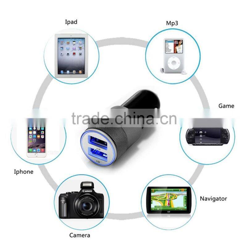 Multifunction 12v 24v 2.1A 1.0A Aluminium Bullet Dual Port USB Universal Car Charger for Iphnoe Ipad Normal Usb Phone
