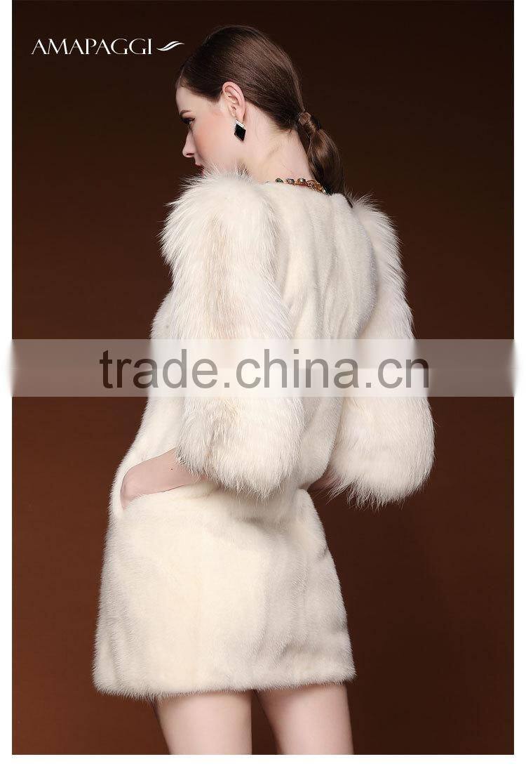 Factory promote white fox sleeve mink fur coat for women