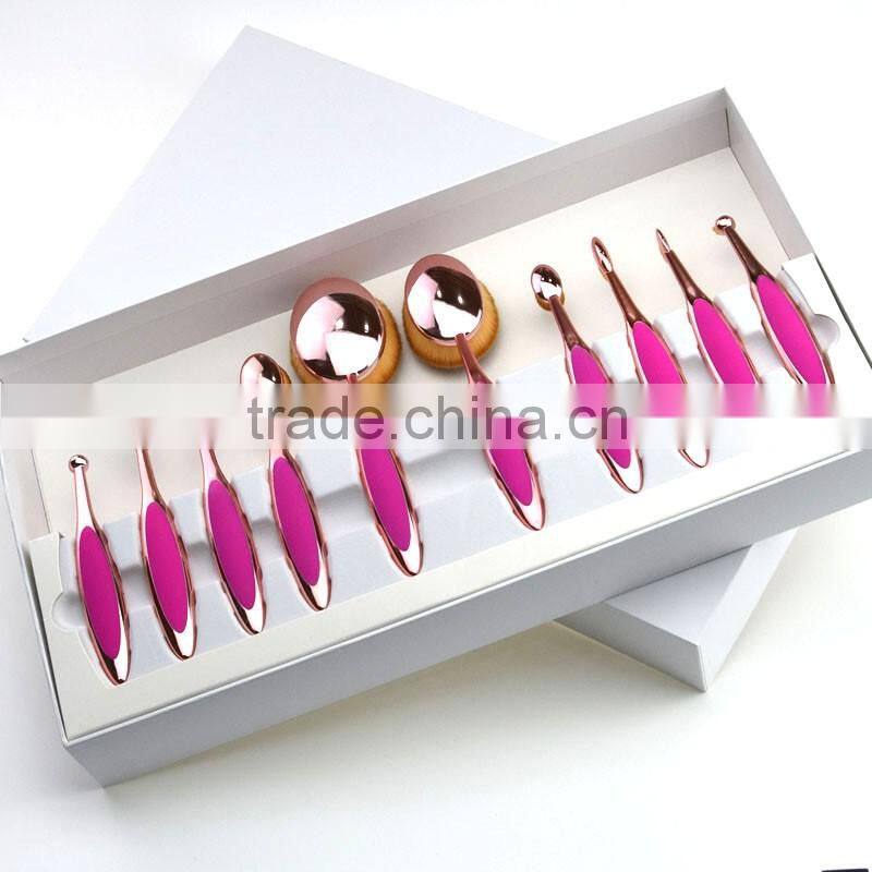 Synthetic hair pink hot selling oval makeup brush set 10pcs manufacturer