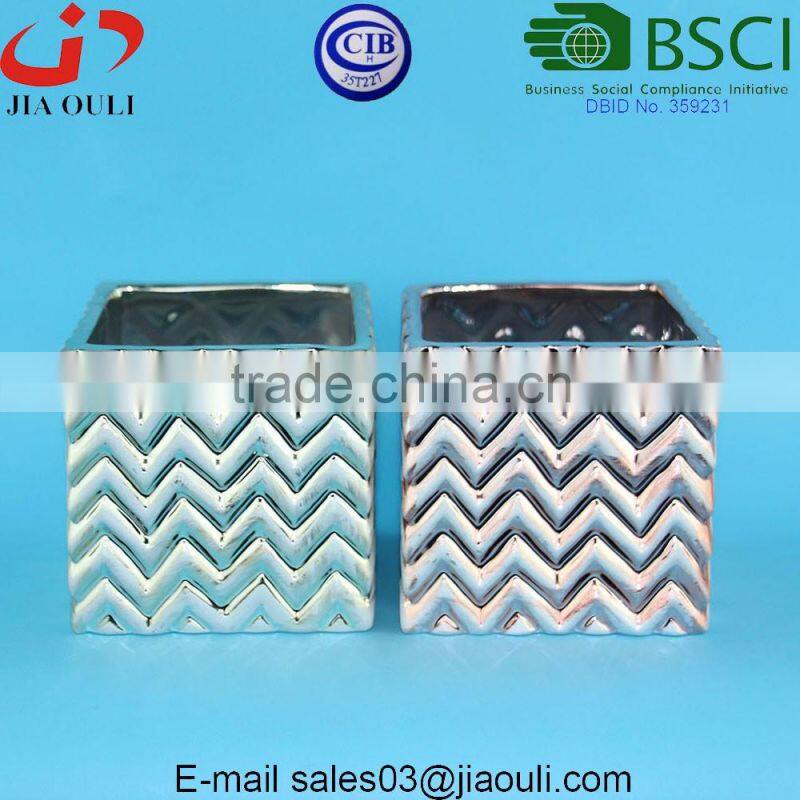 Glazed white and wash Geometric Patterned Mini square Ceramic Planter