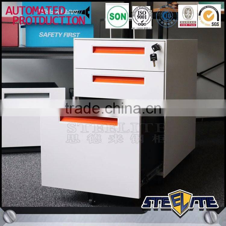 Lockable white and orange color steel file cabinet price 3 drawers mobile cabinet