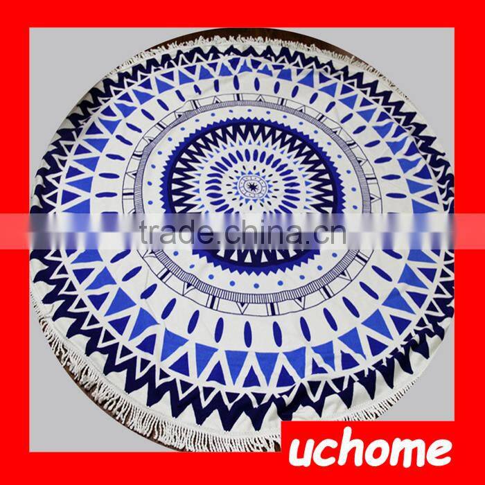UCHOME High Quality Custom Beach Blanket Reactive Printed Circular 100% Cotton Tassel Beach Towel Round
