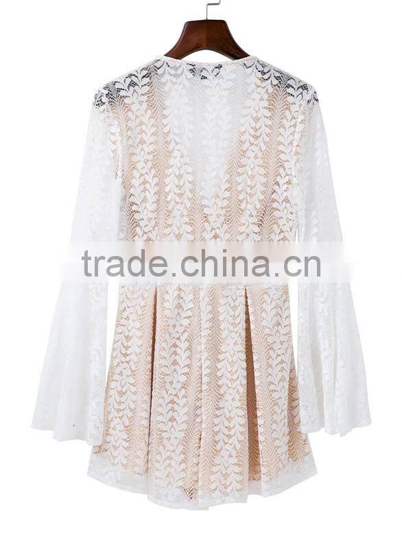 Ladies fashion white lace v neck long flare sleeve adult romper