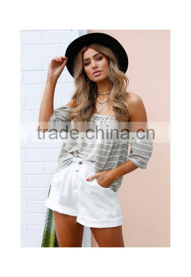 Summer beach clothing Khaki White Stripe Off Shoulder Top women