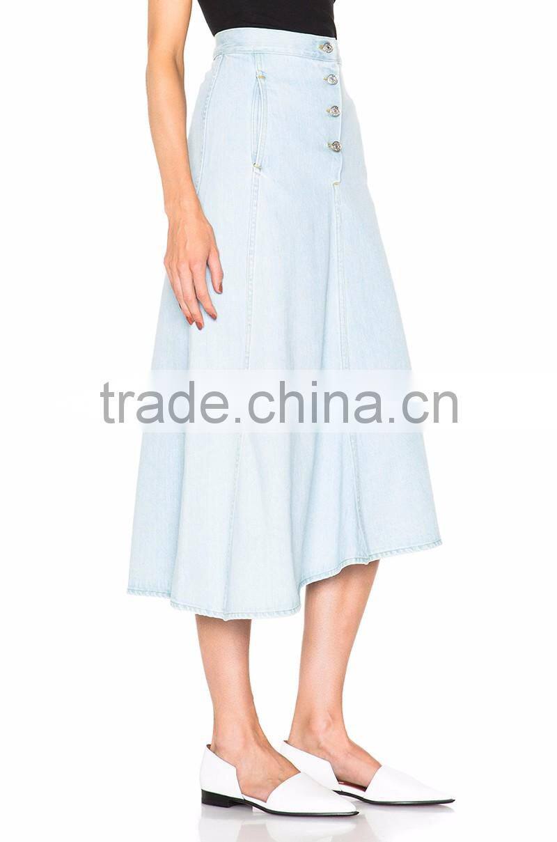 fashion ladies high waist flared maxi long denim skirt