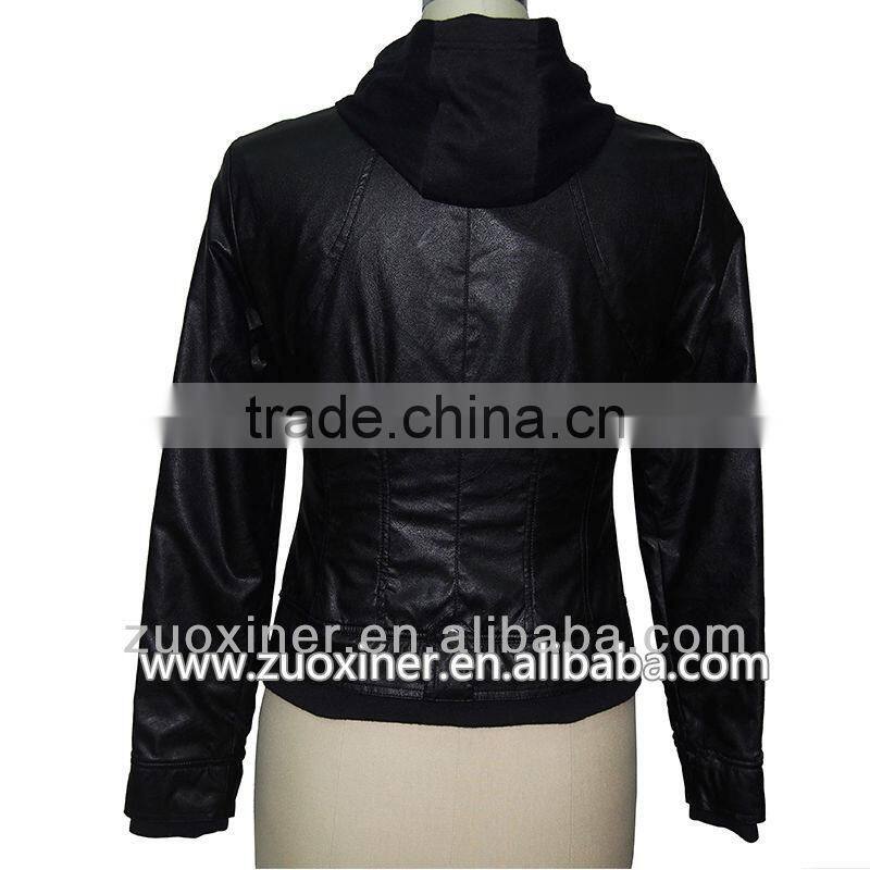 OEM wholesale 2014 fashion jacket women quality zip jacket hood pu jacket