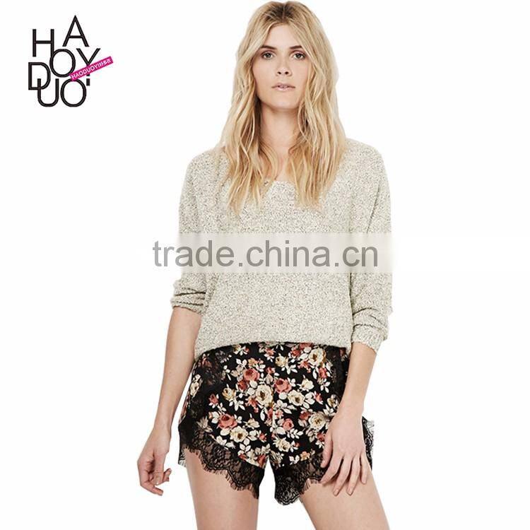 HAODUOYI Women Black Rose Print Lace Contrast Shorts