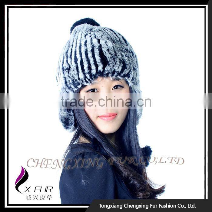 CX-C-116H Hand Knitted Beanie With Fur Ball Stock Rex Rabbit Fur Ladies Hats