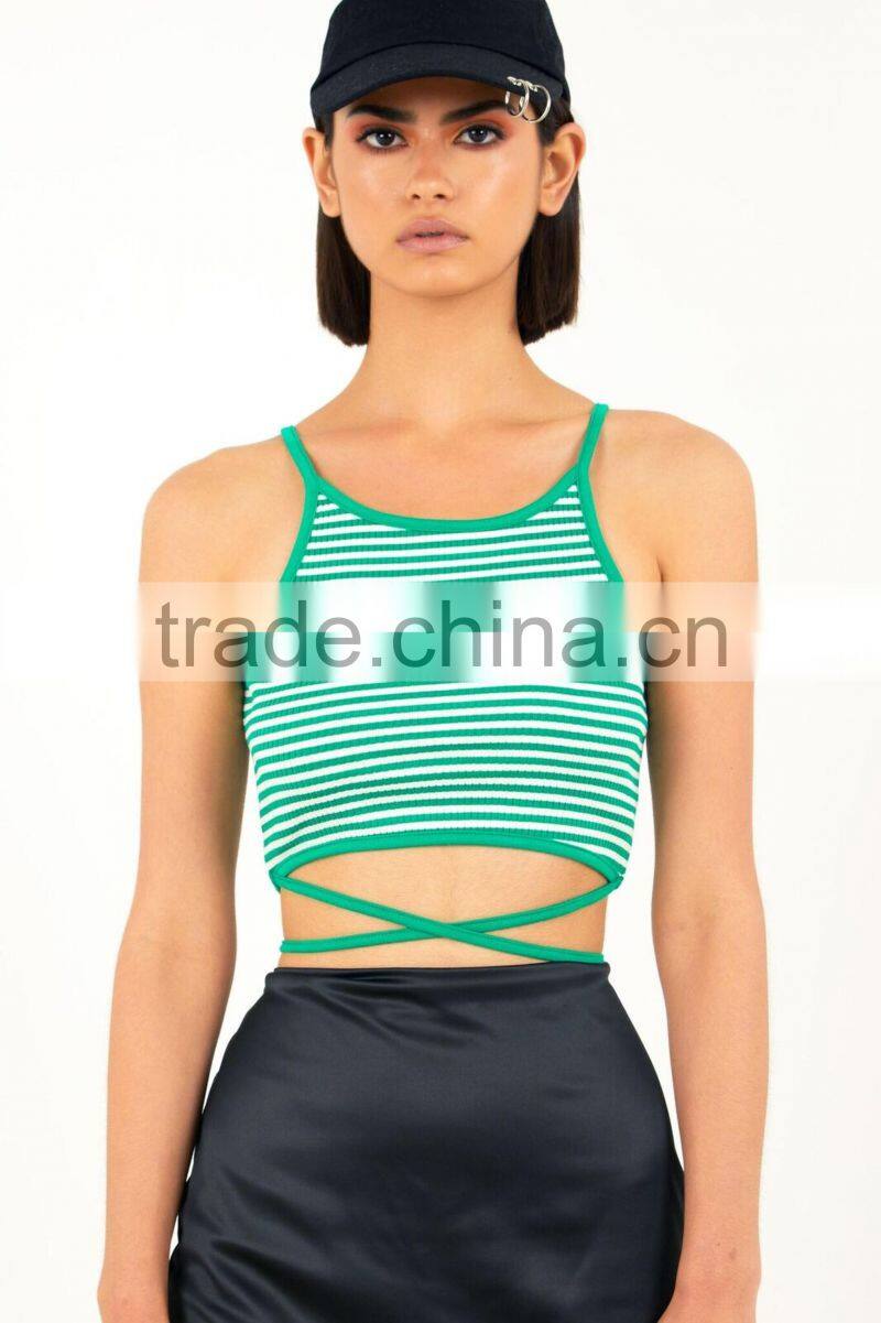 MGOO Wholesale Custom Low Cut Sweater Crop Top Green Stripe Back Up Lace Tank Top Women Fitness