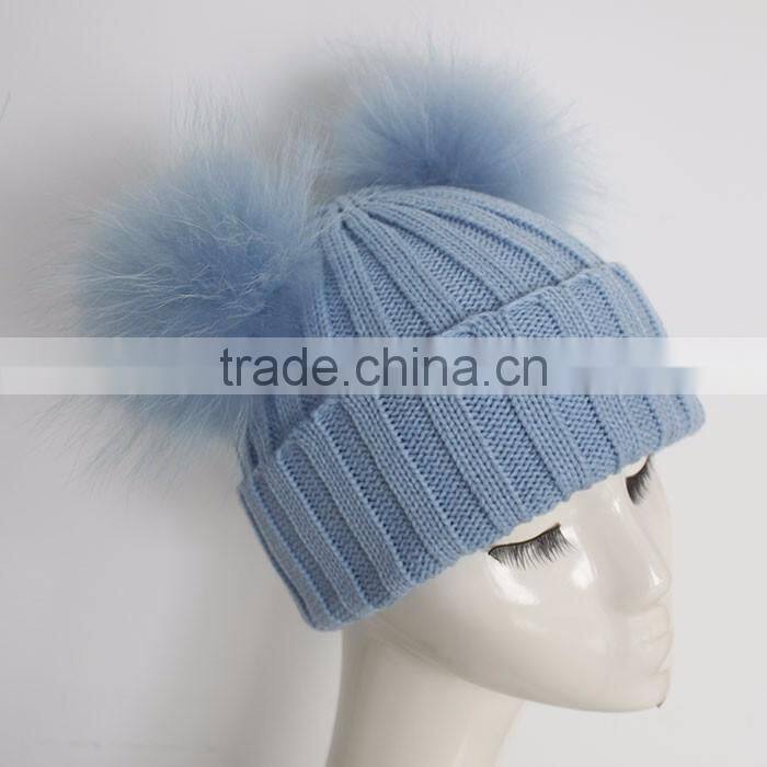 Myfur Red Raccoon Fur Pom Poms Wool Knitting Hat with Genuine Raccoon Fur Balls