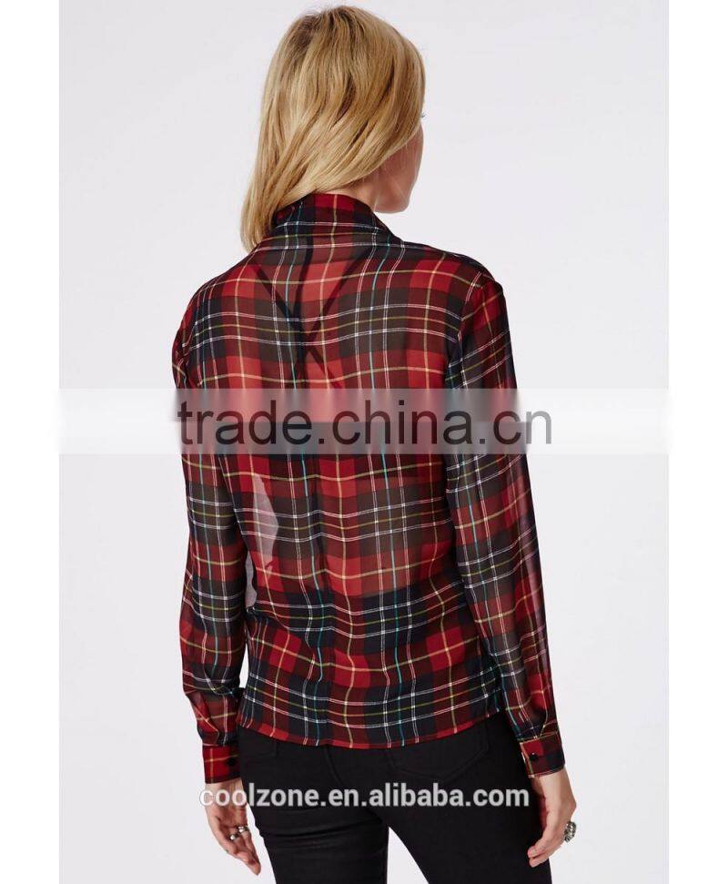 90's Deep plunge wrap over style 2015 new design chiffon ladies blouse