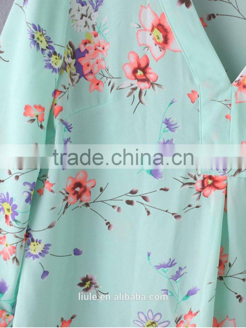 New Design Chiffon Blouses medium Sleeve V-Neck Blouse Elegant Casual Loose Shirt