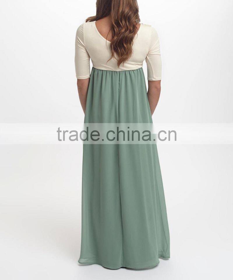 New Arrivals Maternity Dresses With Sage And Ivory Color Block Maternity Scoop Neck Maxi Dress Women Wear WD80817-1