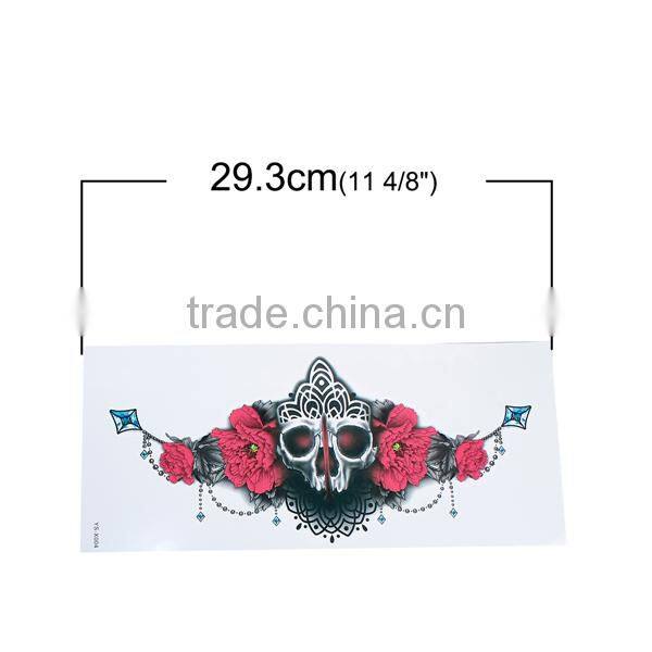 Paper Removable Waterproof Temporary Sternum Tattoo Sticker Body Art Red Rose Flower Pattern Skeleton Skull Temporary Tattoo