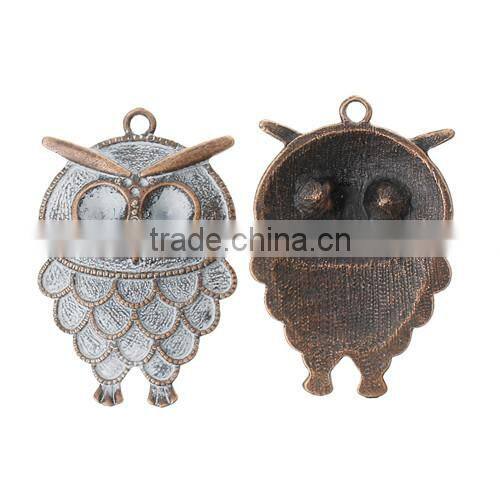 Charm Pendants Owl Halloween Ornaments Antique Copper White Spray Painted Cabochon Setting(Fits 8.5mm Dia) 5.1cmx3.4cm