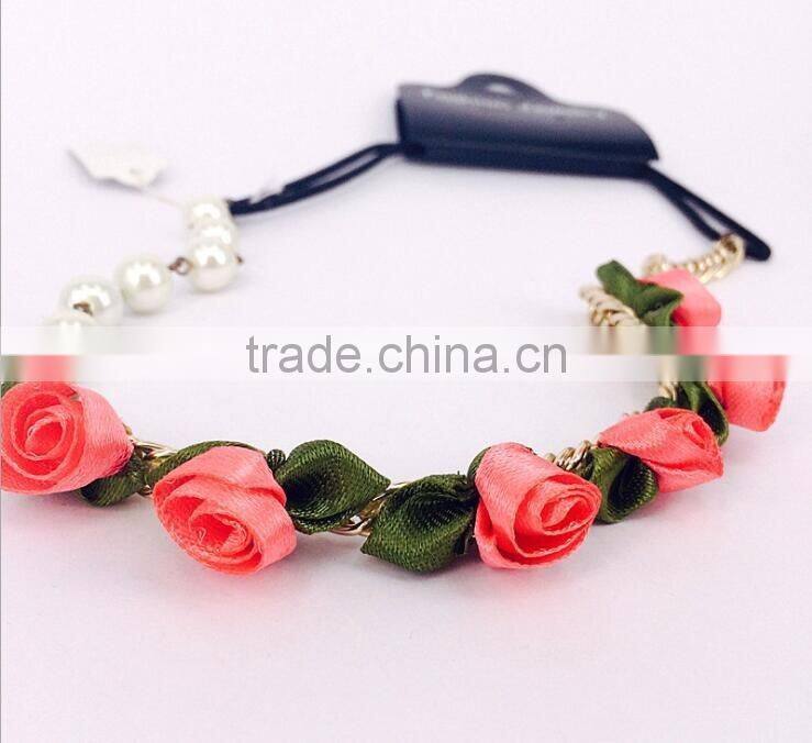 Fashion Hot Red Fabric Chiffon Rose Flowers Elastic Chain Headband Pearls Hairband Hair Necklace Head Ornament Accessories