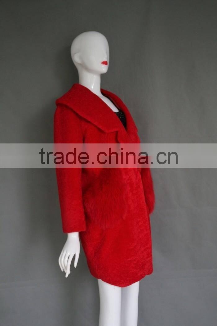 2016 Factory direct wholesale fashion lady's bright red lamb shearing fur jacket long warm real cashmere parka