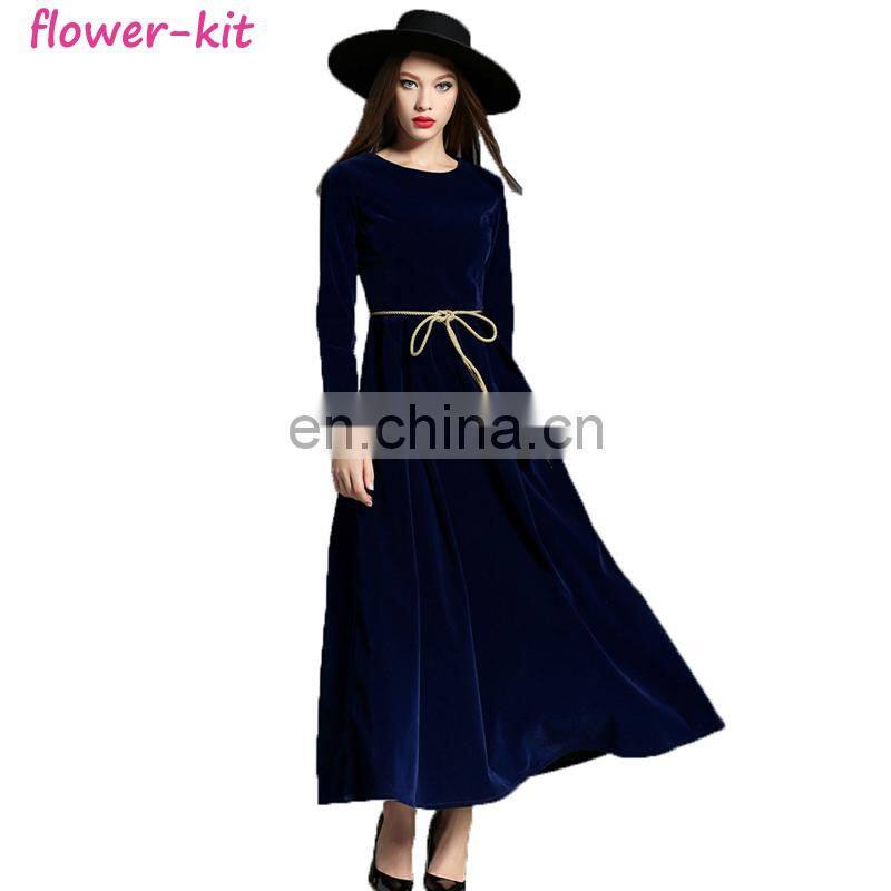 Retro Vintage Dark Blue Velvet Dress Women Long Sleeve Collar Dresses