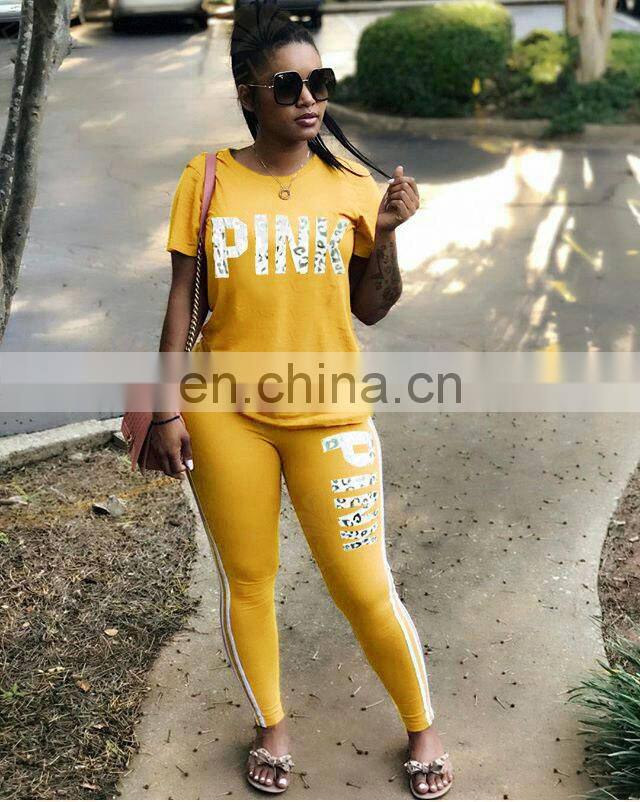 Custom Pink Letter Print Sweatsuit Women Set Plus Size Set Short Sleeve Tops Skinny Pant Tracksuit Fall Casual 2 Piece Set