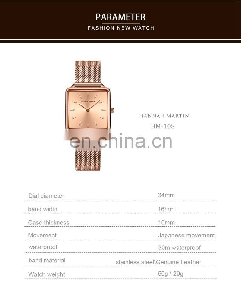 HANNAH MARTIN 108 Business Ladies Japan Quartz Movt Custom Logo Watch Stainless Steel Life Waterproof Wristwatches Luxury Watch