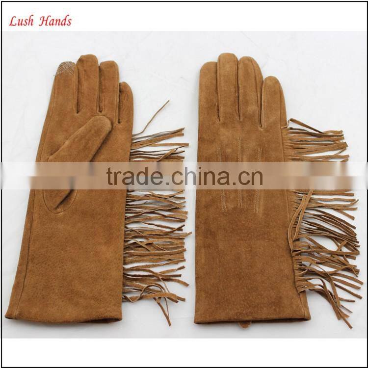 Ladies wholesale fashion touch deerskin leather gloves with tassel