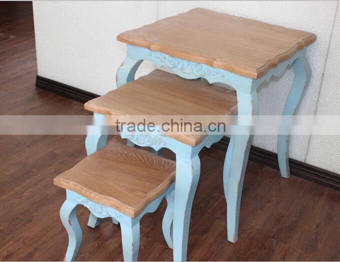 French Country Style Light Blue Hand Carved Wooden Nesting Coffee Table