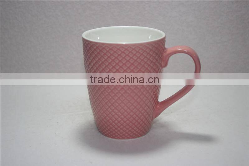 12 OZ embossed and color glazed porcelain hot pink coffee mug