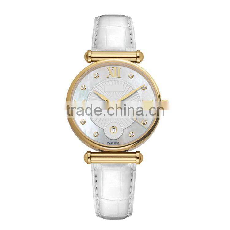 PVD gold ladies stainless steel case steel back watch japan quartz movement Sapphire glass with white double genuine leather