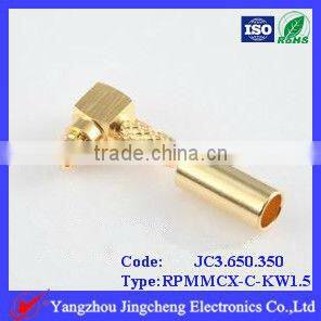 Reverse Polarity MCX male body with female pin crimp 90 right angle for RG316 cable