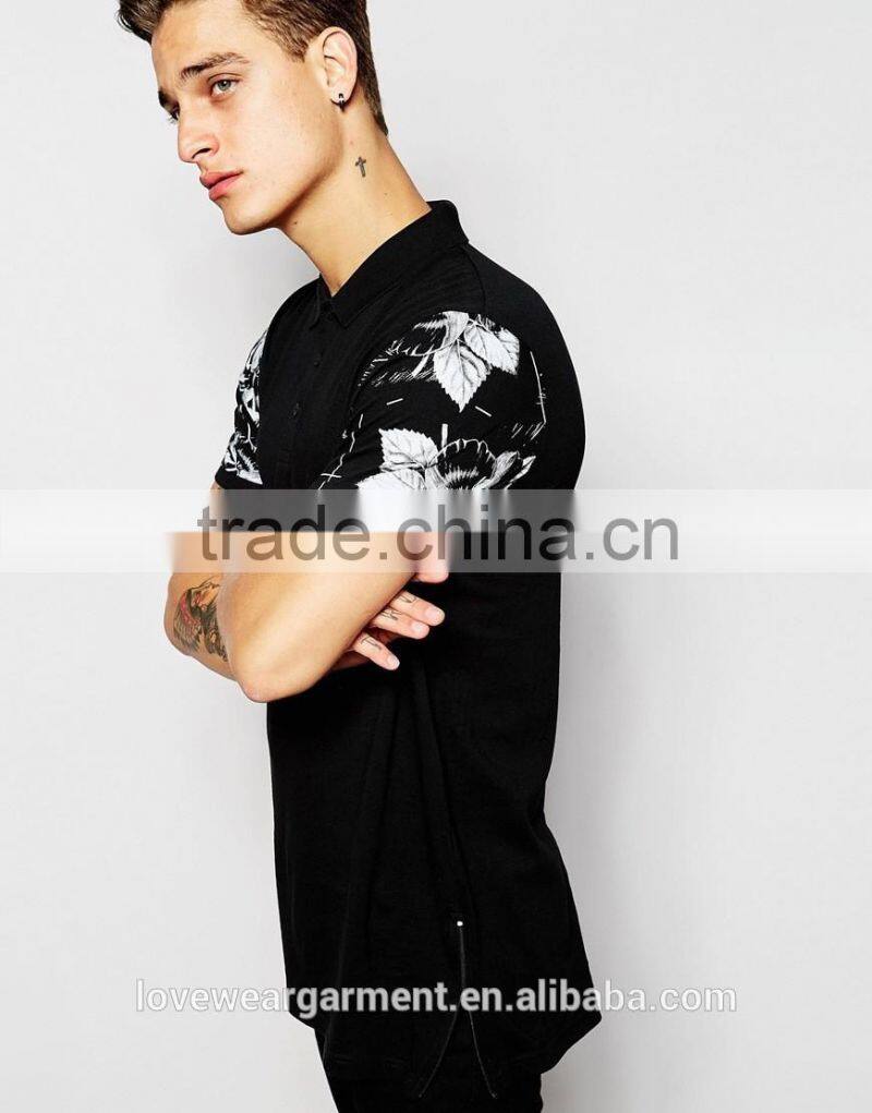 longline polo shirt with floral sleeve print & side zips