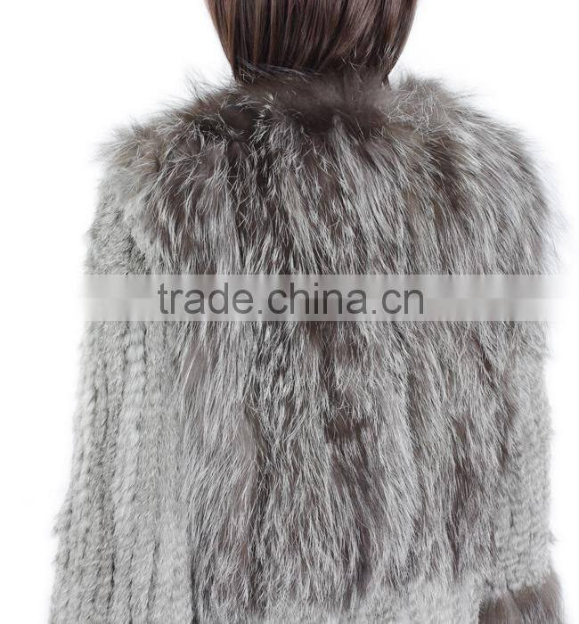 High quality knitted fur coat with rabbit/silver fox fur/high fashion fur style for ladies KZ150105