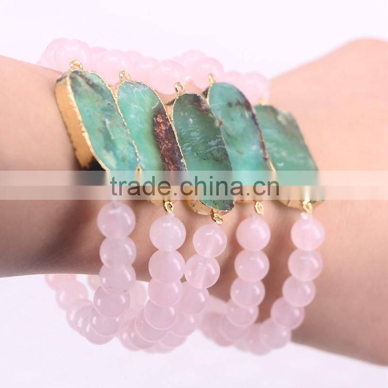 Gold Plated Australia Jade Connector Druzy Bracelet, Rose Quartz Stone Beaded Bracelets