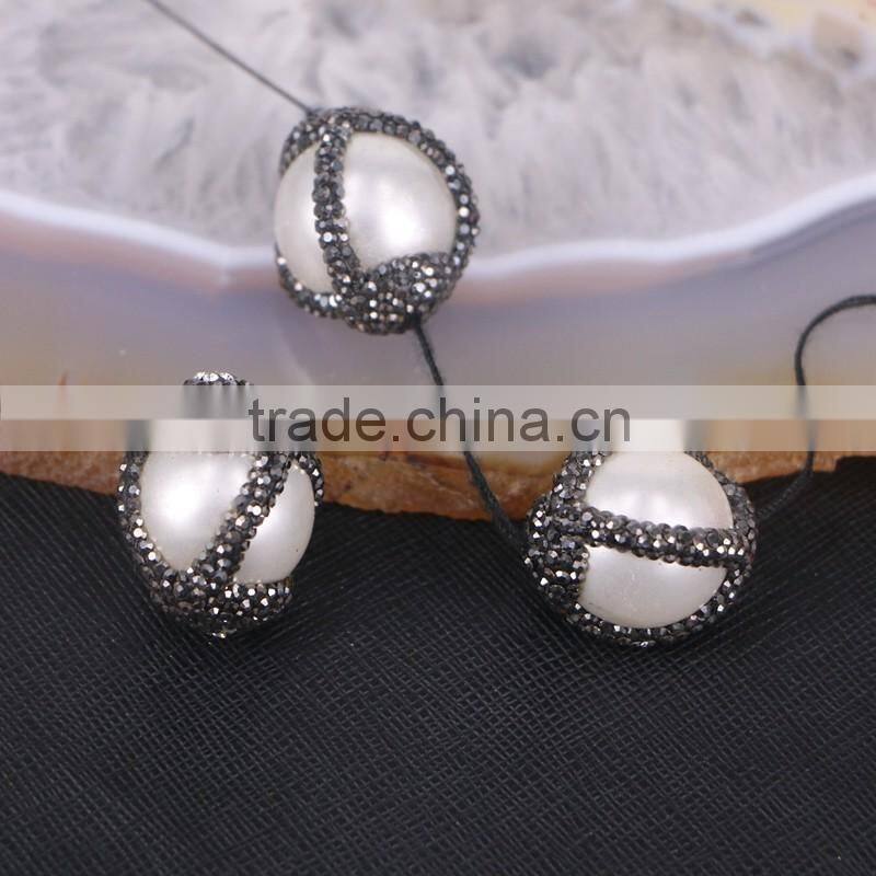 Round Freshwater Pearl Beads with Rhinestone, Mother Of Pearl Stone For Jewelry Making