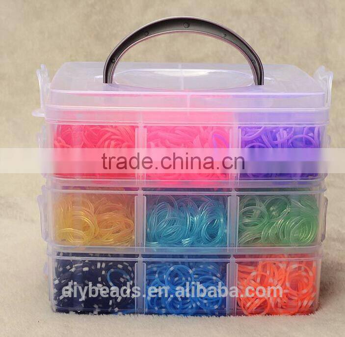 rubber bands in three layers plastic box with components loom bands for kids diy jewerly