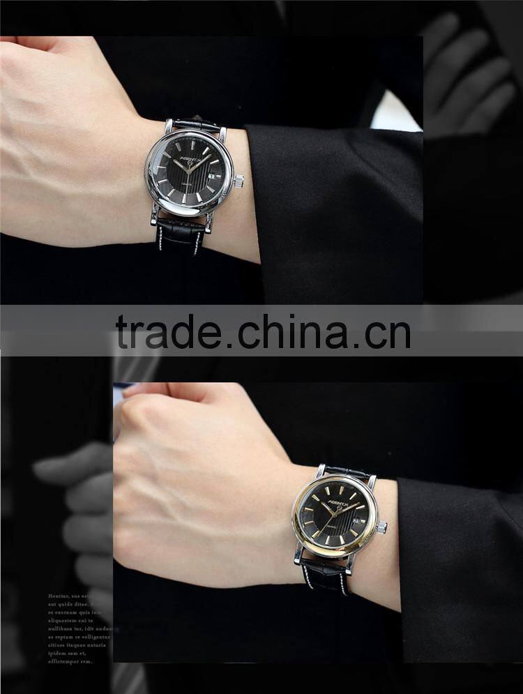 Golden Steel Case Black Dial Reloje Date Display Quartz Analog Leather Band Men Watch