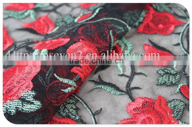 High quality fashion design red rose lace fabric embroidery for garment