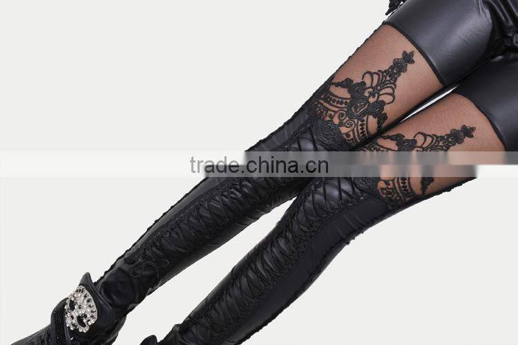 New Sexy Women Faux PU Leather Retro Gothic Punk Style Lace Black Leggings Tights Pants