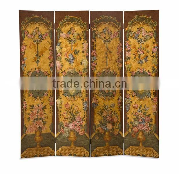 Antique Light Green Design Wooden Drawing Screen Hand Painted Curio Classic Furniture Decorative 4pls Folding Floor Screen