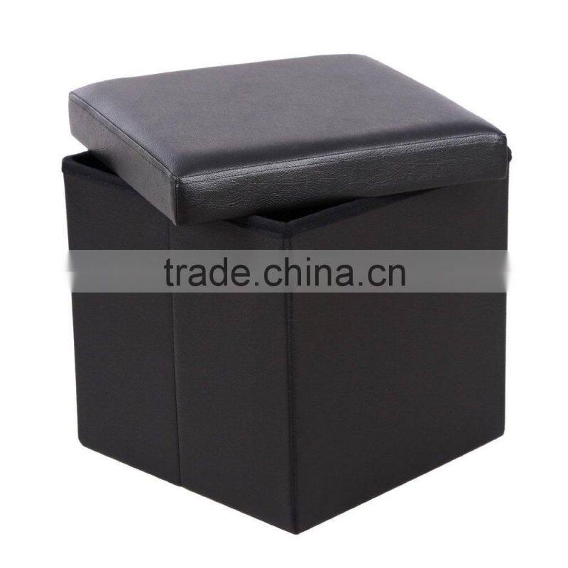 15" Cube Faux Leather Folding Storage Ottoman Black Foot Rest Stool Footrest