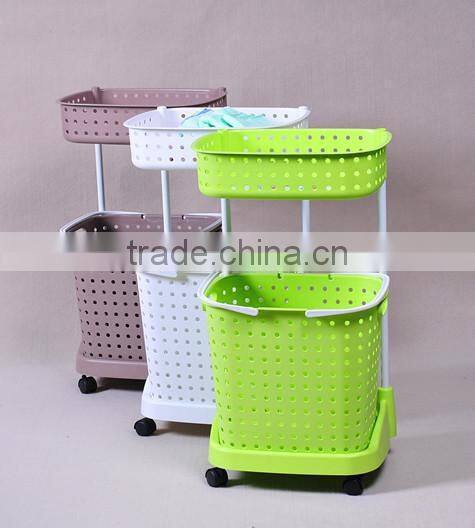 plastic two layers laundry basket bathroom shelves with wheels