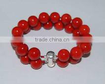 Wholesale 19CM 10mm double strands round red coral gemstone bracelet with sterling silver clasp
