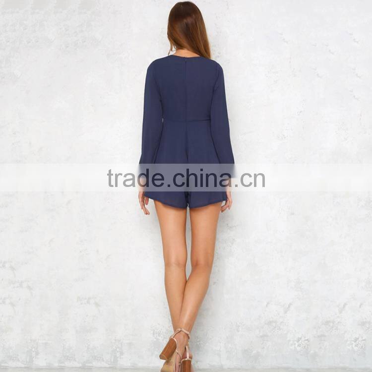 HAODUOYI Fashion Soild Navy Blue Short Women Jumpsuit Deep V-neck Long Sleeve Pleated Sexy Female Romper for Wholesale